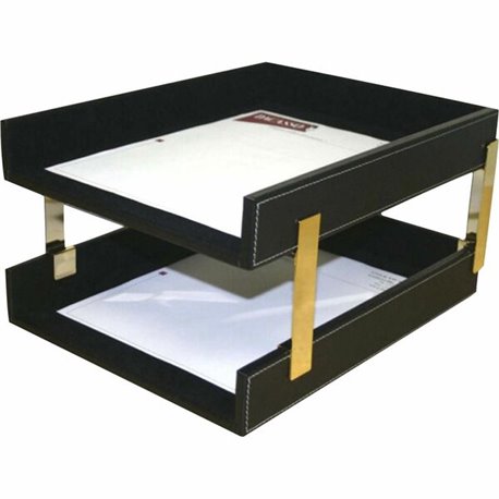 Dacasso Double Front Load Stacking Letter Tray - 2" x 10.6" - Leather - Black