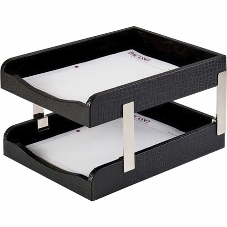 Dacasso Crocodile Embossed Black Leather Double Letter Trays - Desktop - Black - Leather, Velveteen - 1 Each