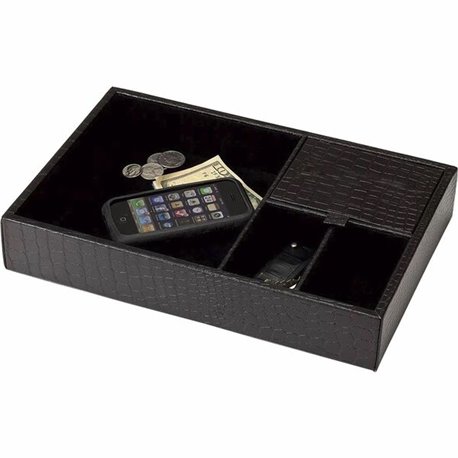 Dacasso Crocodile Embossed Black Leather Standard Valet Tray - 4 Compartment(s) - 2"Desktop - Black - Velveteen, Leather - 1 Eac