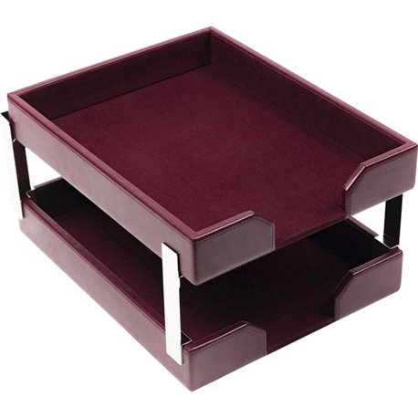 Dacasso Bonded Leather Double Letter Trays - Desktop - Burgundy - Bonded Leather, Velveteen - 1 Each