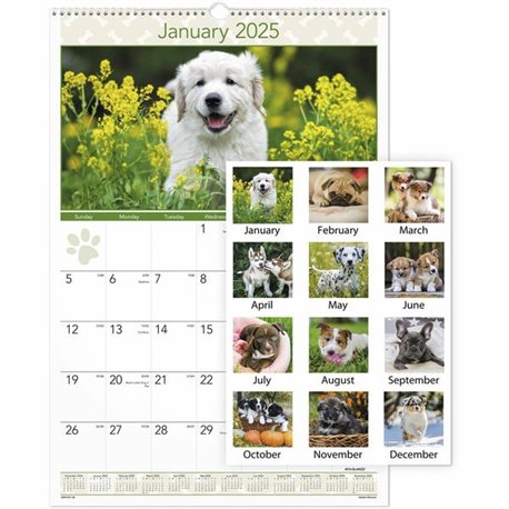 At-A-Glance Puppies Wall Calendar - Large Size - Julian Dates - Monthly, Yearly - 12 Month - January 2025 - December 2025 - 1 Mo