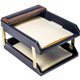 Dacasso Walnut & Leather Double Letter Trays - Desktop - Black - Top Grain Leather, Walnut, Velveteen - 1 Each