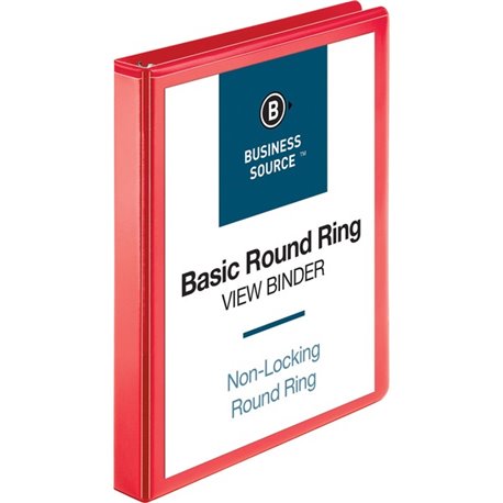 Business Source Round Ring Binder - 1" Binder Capacity - Round Ring Fastener(s) - 2 Internal Pocket(s) - Red - Clear Overlay, La