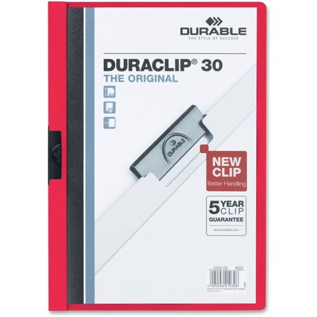 DURABLE DURACLIP Report Cover - Letter Size 8 1/2" x 11" - 30 Sheet Capacity - Punchless - Vinyl - Red