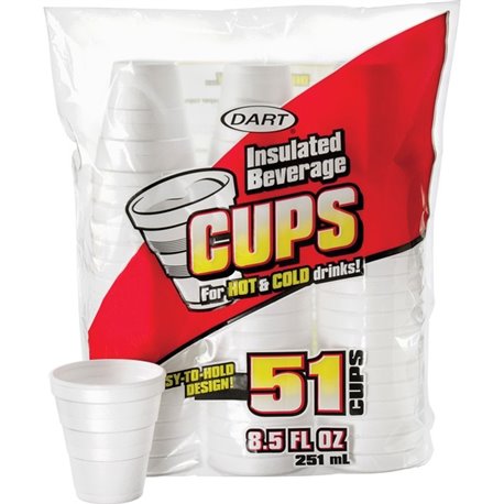 Dart 8.5 oz Insulated Beverage Cups - 51 / Bag - 24 / Carton - White - Foam - Hot Drink, Cold Drink, Coffee, Hot Chocolate, Soft