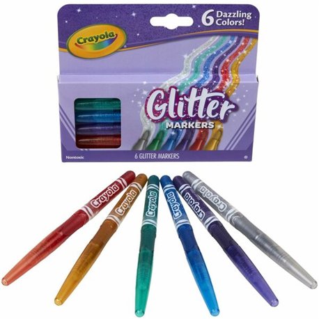 Crayola 6 Color Glitter Markers - Bullet Marker Point Style - Fire Flecks, Gold Dust, Violet Glitz, Emerald Zest, Blue Blazes, S