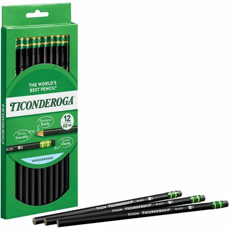 Ticonderoga No. 2 Pencils - 2 Lead - Black Lead - Black Wood Barrel - 1 Dozen