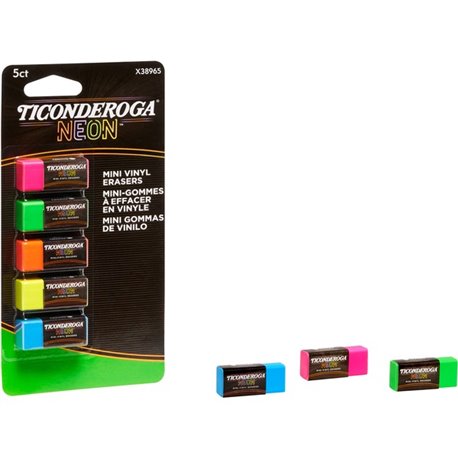 Ticonderoga Mini Erasers - Neon Pink, Neon Green, Neon Orange, Neon Yellow, Neon Blue - Vinyl - 5 / Pack - Latex-free, Soft, Smu