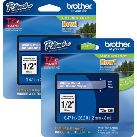 Brother P-touch TZe Laminated Tape Cartridges - 1/2" Width - White, Clear - 2 / Bundle - Water Resistant - Grease Resistant, Gri