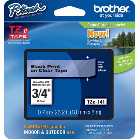 Brother P-Touch TZe Flat Surface Laminated Tape - 3/4" Width - Clear - 1 Each - Water Resistant - Grease Resistant, Grime Resist
