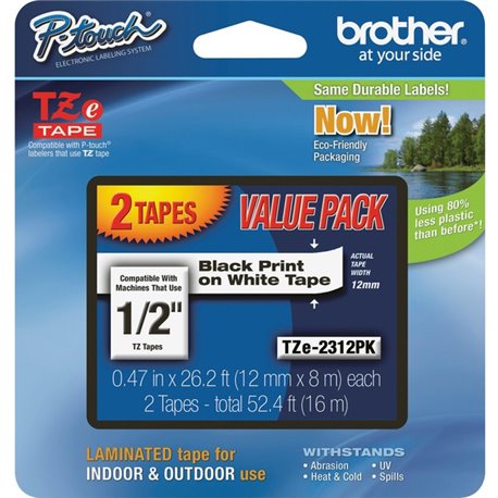 Brother 1/2" Black/White TZe Laminated Tape Value Pack - 1/2" Width - Black, White - 2 / Pack - Water Resistant - Grease Resista