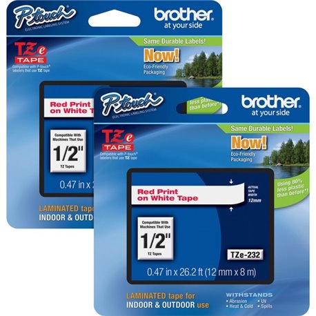 Brother P-touch TZe Laminated Tape Cartridges - 1/2" Width - Rectangle - White - 2 / Bundle - Water Resistant - Grease Resistant