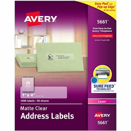 Avery Easy Peel Return Address Labels - 1" Width x 4" Length - Permanent Adhesive - Rectangle - Laser - Clear - Film - 20 / Shee