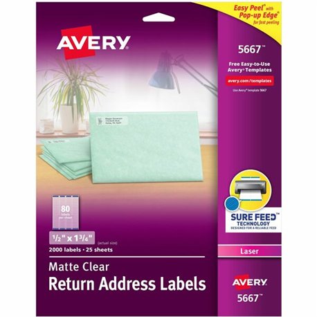 Avery Easy Peel Return Address Labels - 1/2" Width x 1 3/4" Length - Permanent Adhesive - Rectangle - Laser - Clear - Film - 80 
