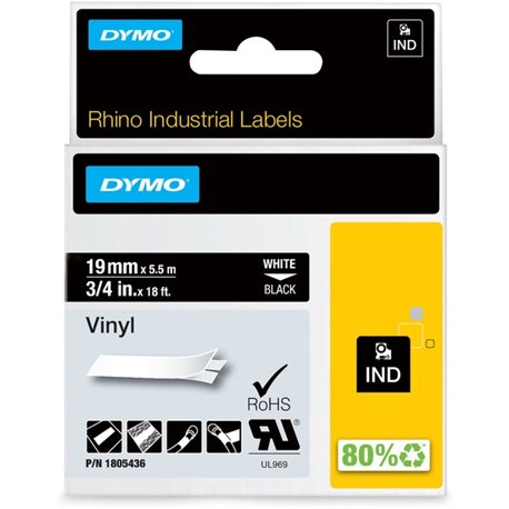 Dymo Colored 3/4" Vinyl Label Tape - 15/32" Width - Permanent Adhesive - Thermal Transfer - White - Vinyl - 1 Each - Water Resis