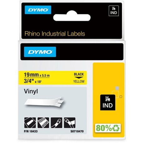 Dymo Colored Industrial Rhino Vinyl Labels - 3/4" Width - Rectangle - Black, Yellow - Vinyl - 1 Each - Water Resistant - Abrasio