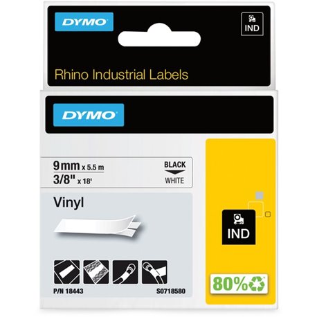 Dymo Rhino Industrial Vinyl Labels - 23/64" Width x 18 3/64 ft Length - Permanent Adhesive - Rectangle - Thermal Transfer - Blac