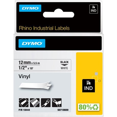 Dymo Rhino Industrial Vinyl Labels - 15/32" Width x 18 3/64 ft Length - Permanent Adhesive - Rectangle - Thermal Transfer - Blac