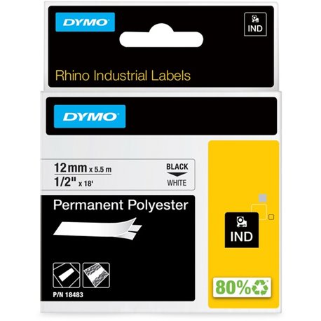 Dymo Rhino Permanent Poly Labels - 1/2" Width - Permanent Adhesive - Thermal Transfer - White, Black - Polyester - 1 Each - Easy