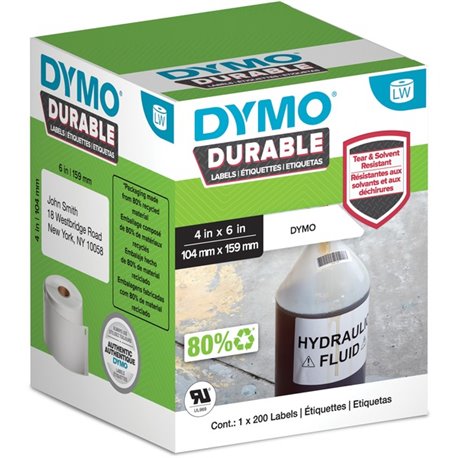 Dymo LW Durable Labels - 4 3/32" Width x 6 17/64" Length - Rectangle - Direct Thermal - White - Polypropylene - 1 Each - Water R