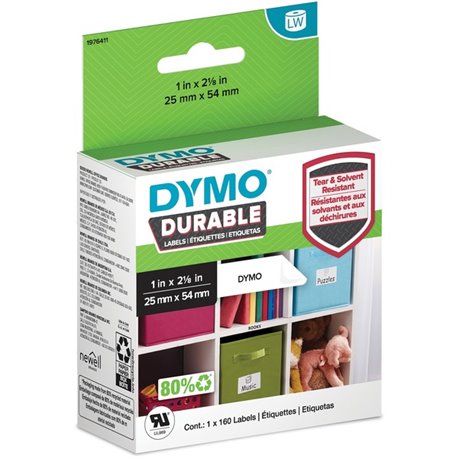 Dymo LabelWriter Labels - 1" Width x 2 1/8" Length - Permanent Adhesive - Thermal Transfer - White - Plastic, Polypropylene - 16