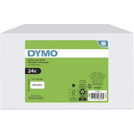 Dymo Multipurpose White Medium Labels - 1" Width x 1/2" Length - Rectangle - Thermal - White - 1000 / Roll - 24 / Box - Jam Resi