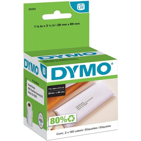 Dymo White Address Labels - 3 1/2" Width x 1 1/8" Length - Permanent Adhesive - Rectangle - Direct Thermal - White - Paper - 130