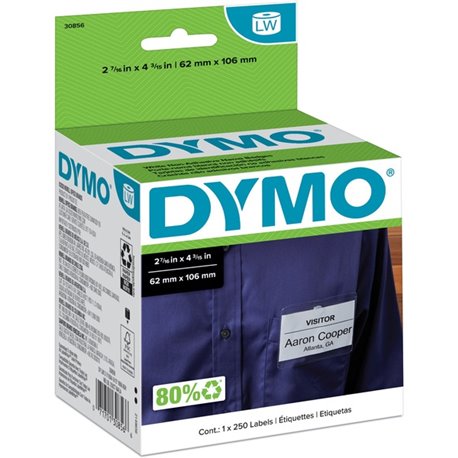 Dymo Non-Adhesive LabelWriter Name Badge Labels - 2 7/16" Width x 4 3/16" Length - Rectangle - White - 250 / Roll - 250 / Roll