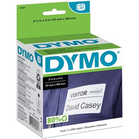 Dymo LabelWriter Adhesive Name Badges - 4" Width x 2 1/4" Length - Removable Adhesive - Rectangle - Direct Thermal - White - 250