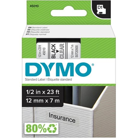 Dymo D1 Electronic Tape Cartridge - 1/2" Width x 23 ft Length - Rectangle - Thermal Transfer - Clear - Polyester - 1 Each - Scra