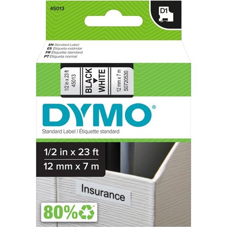 Dymo D1 Electronic Tape Cartridge - 1/2" Width - Thermal Transfer - White - Polyester - 1 Each