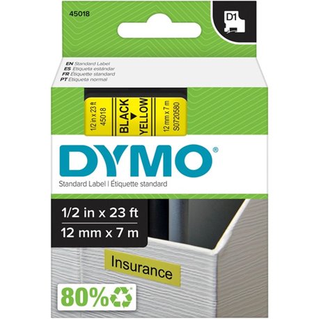 Dymo D1 Electronic Tape Cartridge - 1/2" Width - Thermal Transfer - Yellow - Polyester - 1 Each