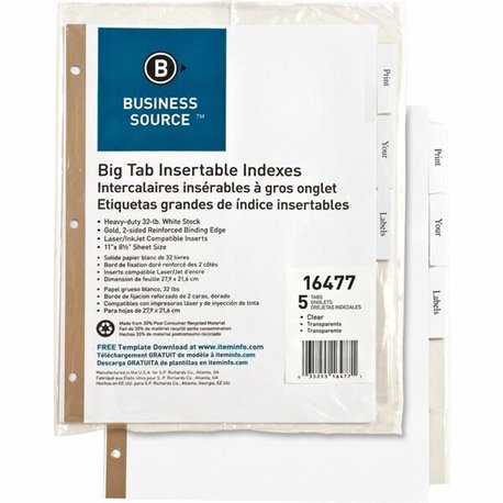 Business Source Tear-resistant Clear Tab Index Dividers - 5 x Divider(s) - 5 Tab(s)/Set - 8.5" Divider Width x 11" Divider Lengt