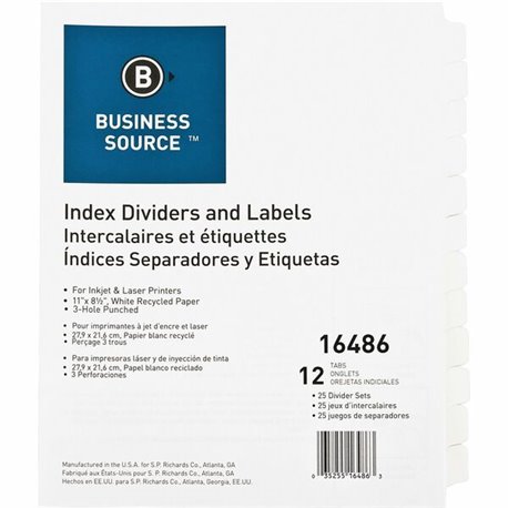 Business Source Customize 12-Tab Index Dividers - 12 x Divider(s) - 12 Print-on Tab(s) - 8.3" Divider Width - 3 Hole Punched - W