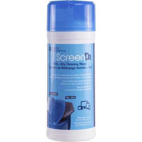 Digital Innovations ScreenDr Wet/Dry Streak-Free Wipes, 70-pack - For Electronic Equipment, Display Screen - Alcohol-free, Ammon