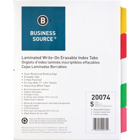 Business Source Laminated Write-On Tab Indexes - 5 Write-on Tab(s) - 5 Tab(s)/Set - 11" Tab Height x 8.50" Tab Width - 3 Hole Pu