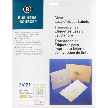 Business Source Clear Return Address Laser Labels - 1/2" Height x 1 3/4" Width - Permanent Adhesive - Rectangle - Laser - Clear 