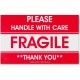 Tatco Fragile/Handle With Care Shipping Label - "Fragile - Handle with Care, Thank You" - 3" Width x 5" Length - Rectangle - Red